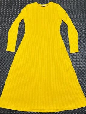 Zara Midi Sweater Dress Ribbed Knit Yellow Long Sleeve Bodycon Casual Womens XL
